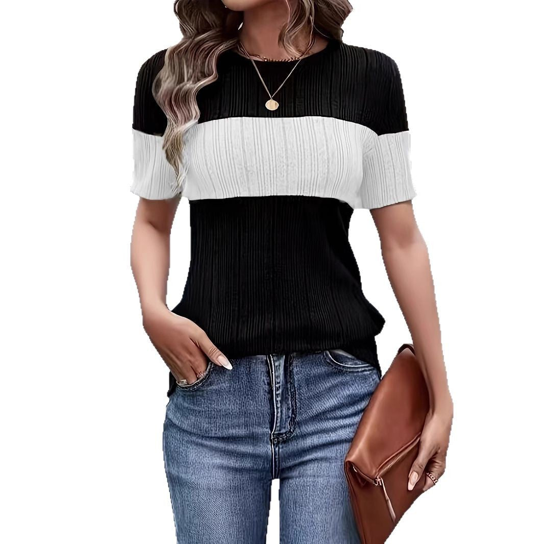 Damen Kurzarmpullover mit modernem Blockstreifenmuster Stalluxe