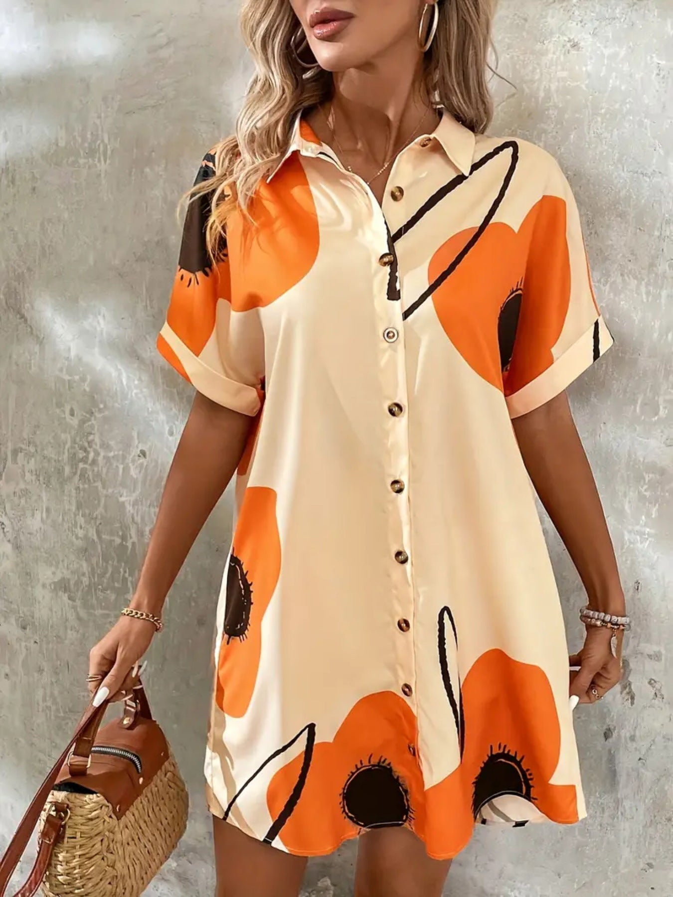 Damen Knopf- Blumen Mini Kleid Stalluxe