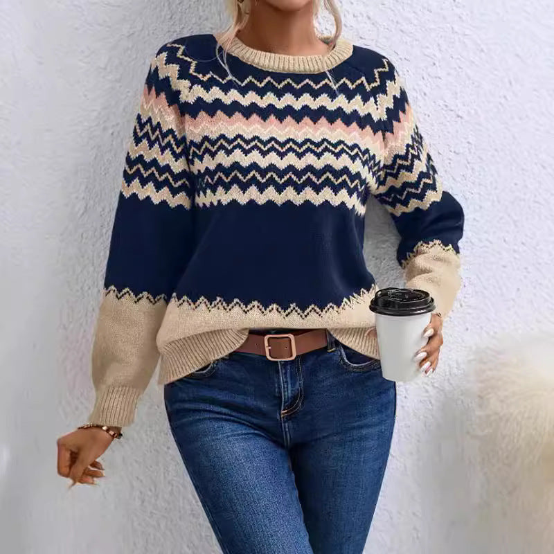Damen elegante Strickpullover mit modernem Zick-Zack-Muster und Rundhalsausschnitt Stalluxe