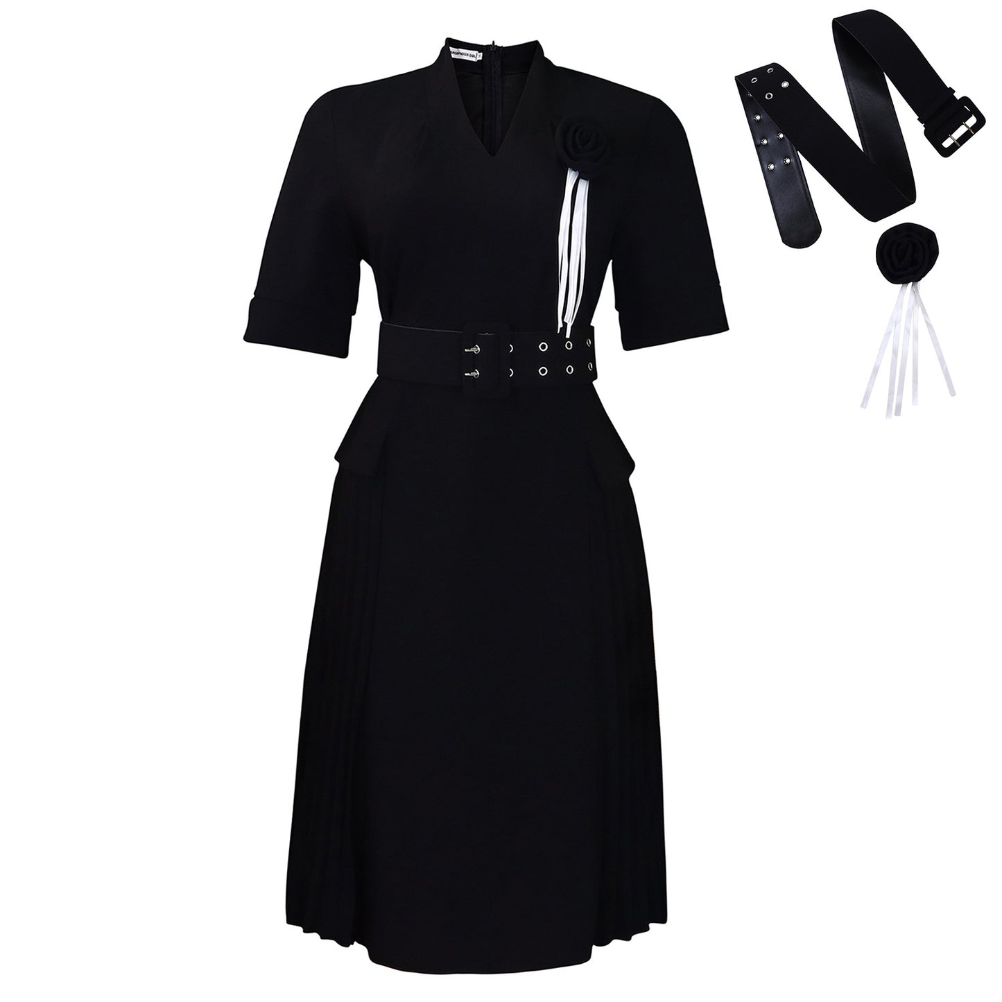 Damen Plissee-Kleid mit Taillengürtel und modischen Blumenakzenten Stalluxe