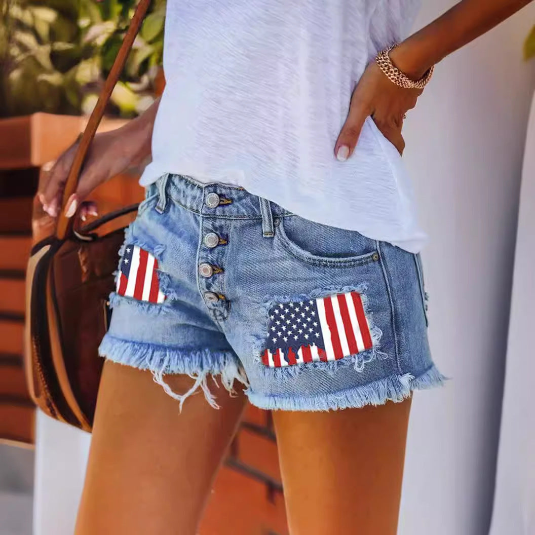Damen Jeansshorts im Coolen USA-Design mit ausgefranstem Saum Stalluxe