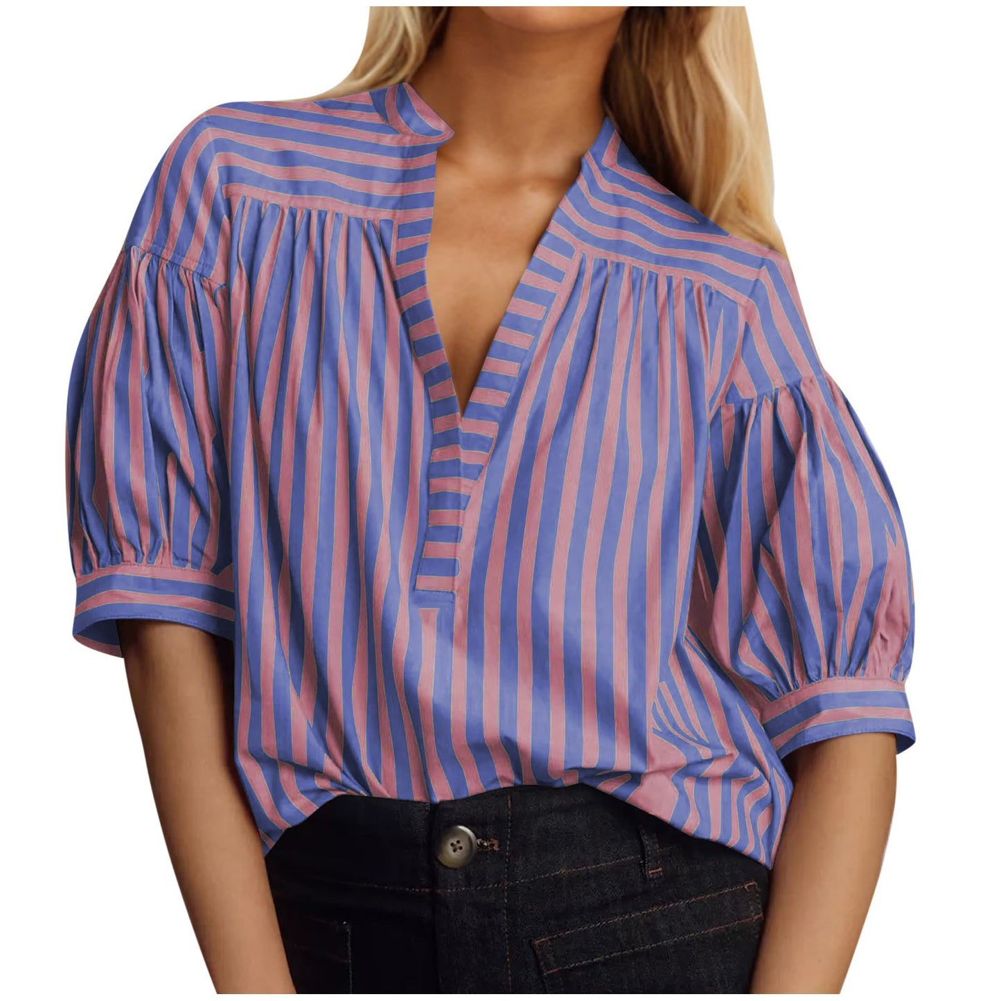Damen Hemdblusenshirt mit Puffärmeln und gestreiftem Muster Stalluxe