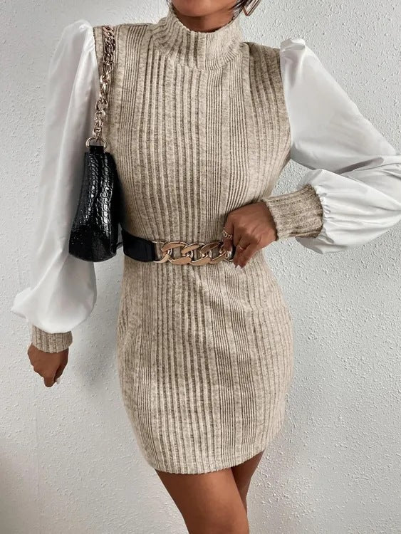 Damen Strickkleid mit eleganten Puffärmeln und Stehkragen Stalluxe