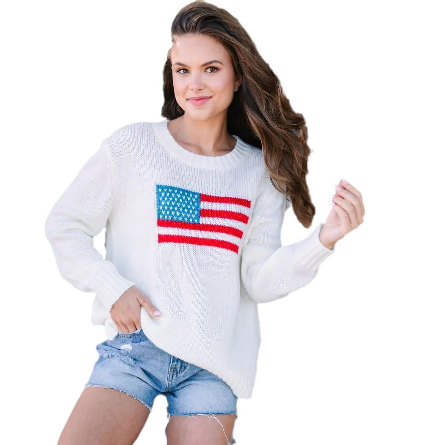 Damen trendiger Pullover mit USA-Flaggenstickerei aus luftiger Baumwolle Stalluxe