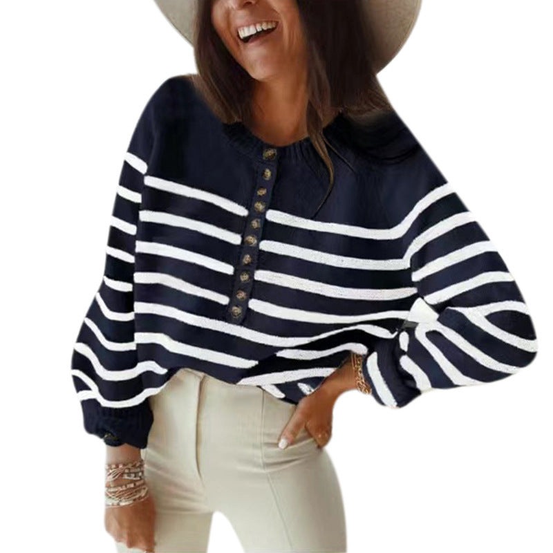 Damen Streifenstrickpullover mit Knopfleiste und weitem Schnitt Stalluxe