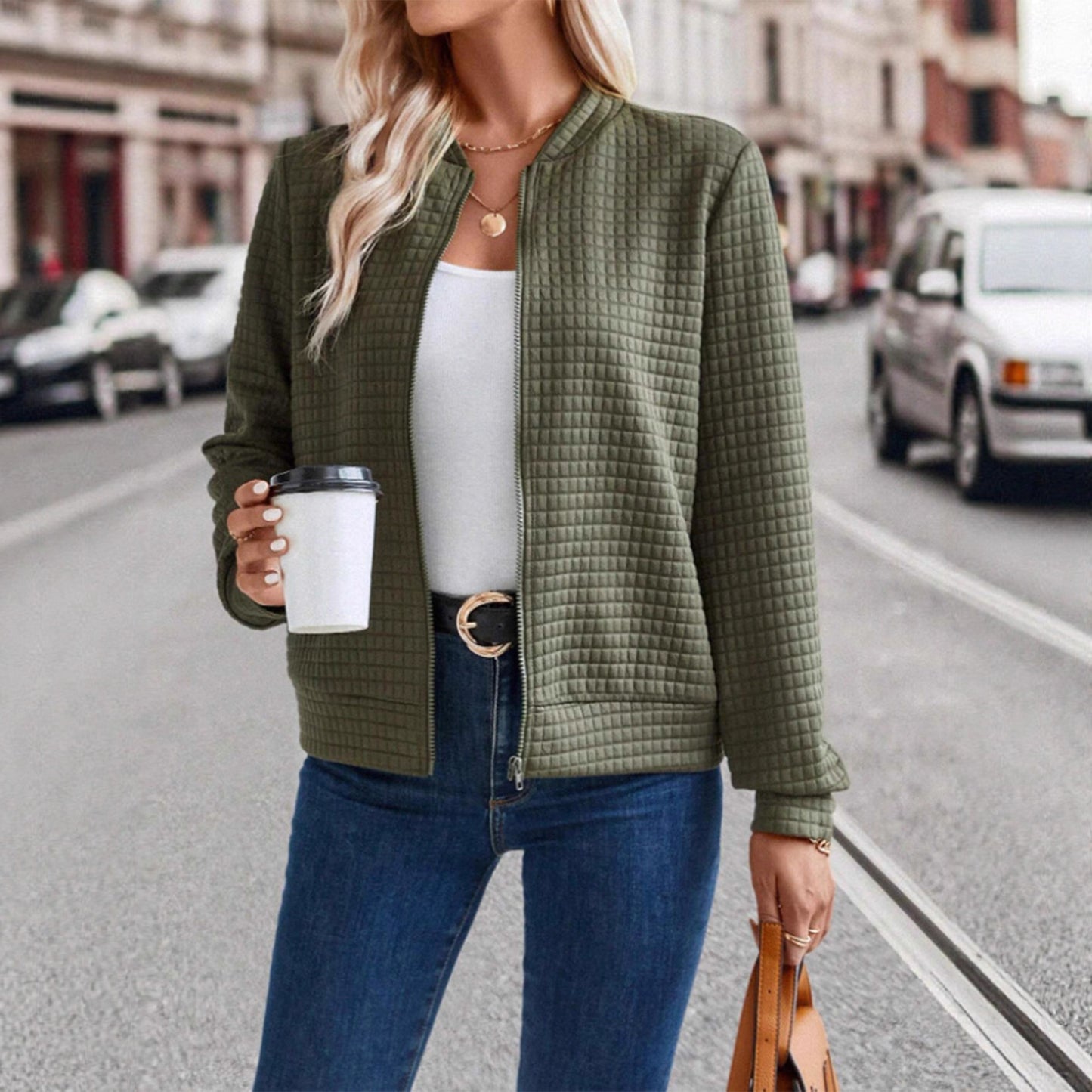 Damen modische Steppjacke mit hohen Kragen und Reißverschluss Stalluxe