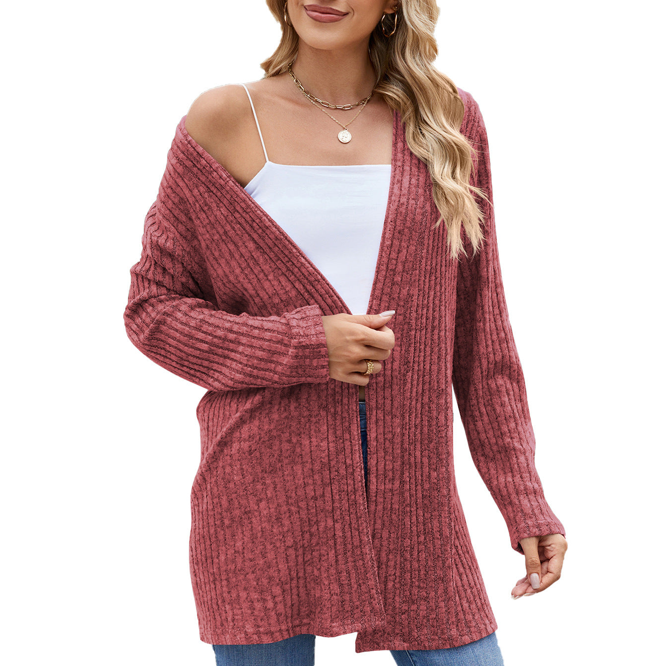 Damen elegante Strickjacke mit offenem Design und feiner Rippenstruktur Stalluxe