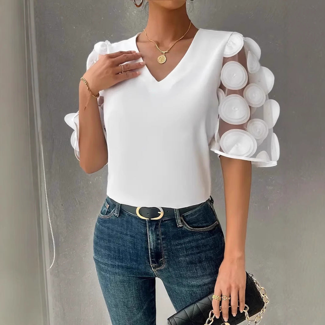 Damen Elegantes Oberteil mit transparenten Puffärmeln und V-Ausschnitt Stalluxe
