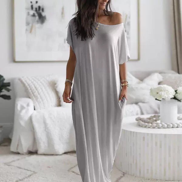 Damen oversized Maxikleid mit praktischen Seitentaschen und tiefem Ausschnitt Stalluxe