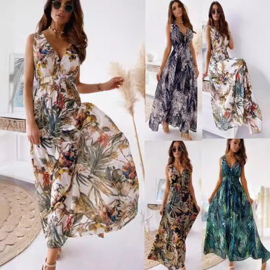 Damen Maxi Kleid mit elegantem Palmendruck und tailliertem Schnitt Stalluxe