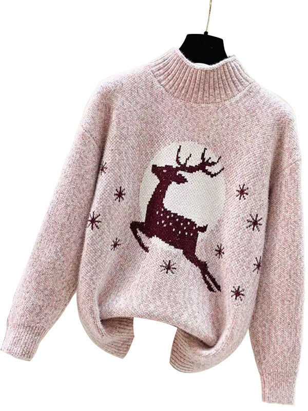 Damen Strickpullover mit festlichem Rentiermotiv und hochgeschlossenem Kragen Stalluxe