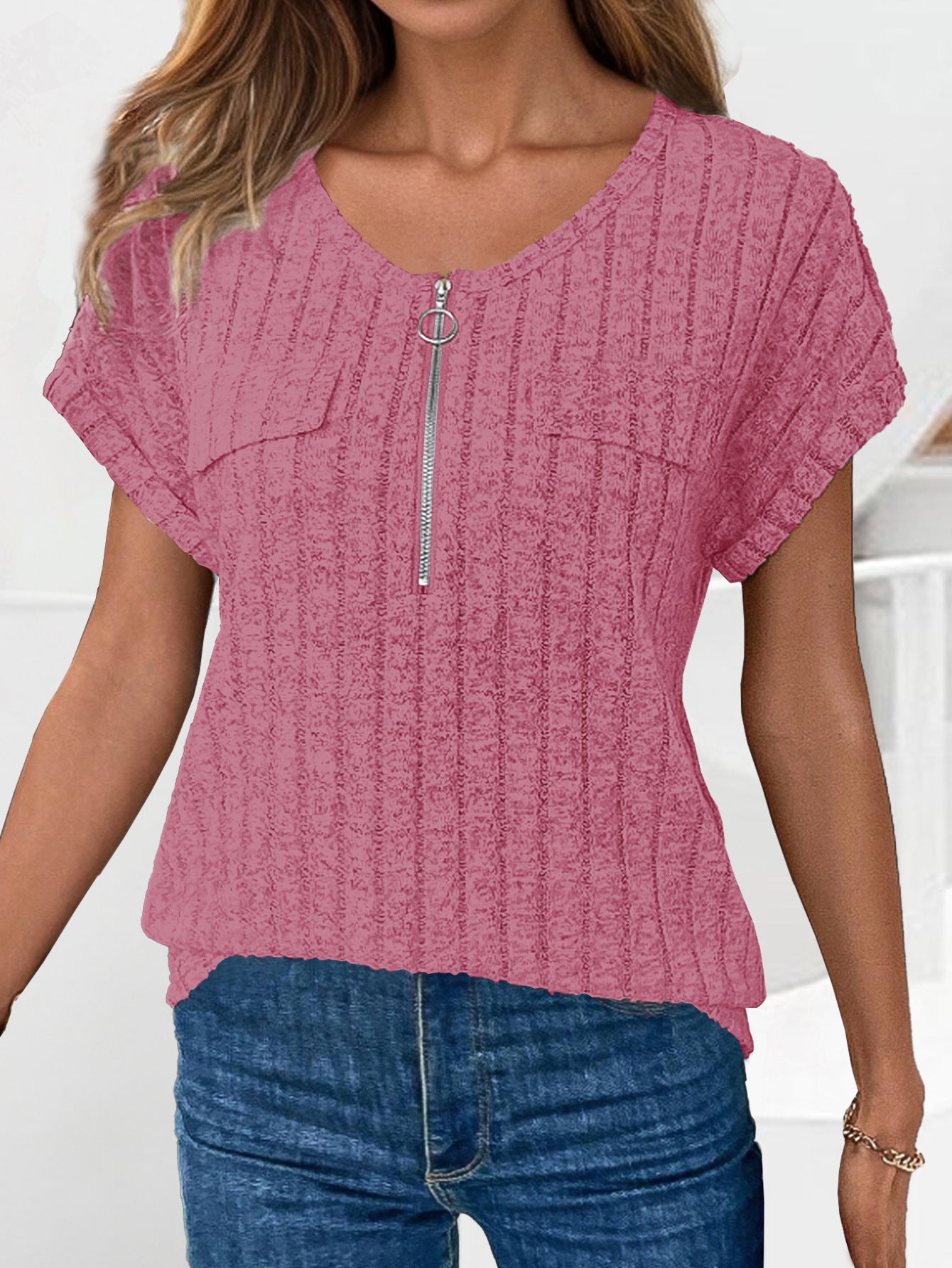 Women's Ribbed Pocket Zip-Up Top Stalluxe