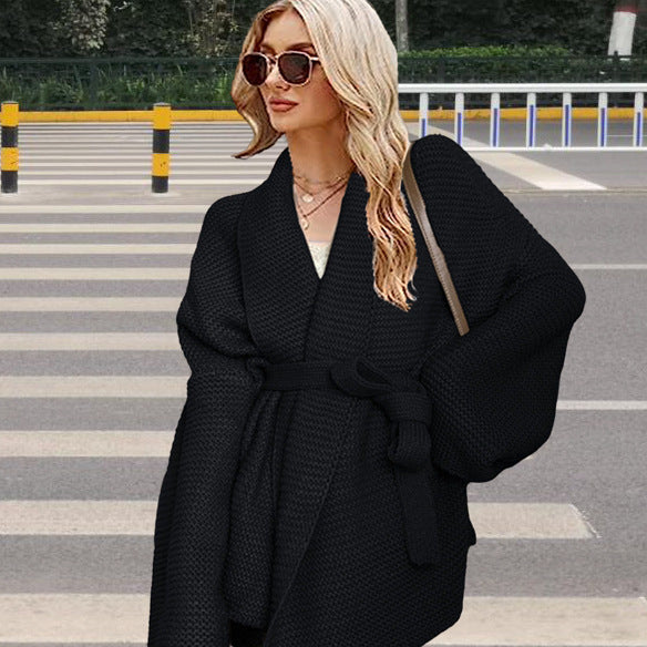 Damen gemütliche Strickjacke mit breitem Gürtel und angeschnittenen Ärmeln Stalluxe