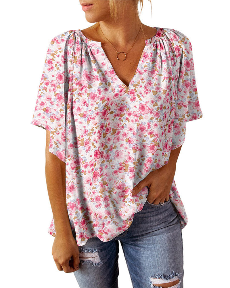 Damen weiches V-Ausschnitt Blusenoberteil mit floralem Design und elastischem Bund Stalluxe