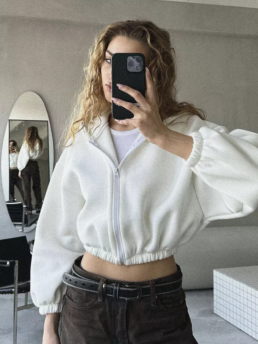 Damen cropped Kapuzenpullover mit voluminösen Ärmeln Stalluxe