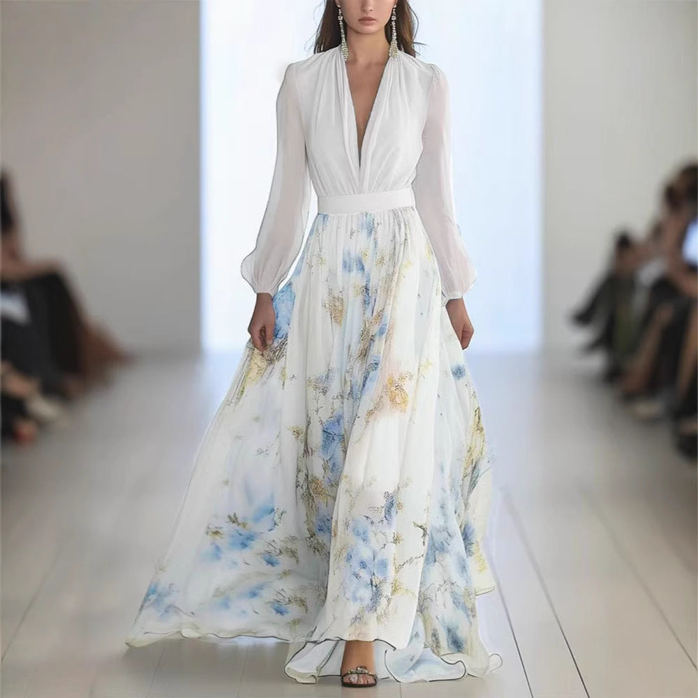 Damen Elegantes Maxikleid mit floralem Print und tiefem V-Ausschnitt Stalluxe