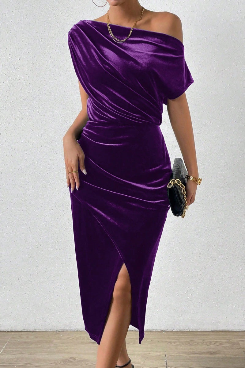 Damen elegantes Wickelkleid mit asymmetrischem Ausschnitt und seitlichem Schlitz Stalluxe