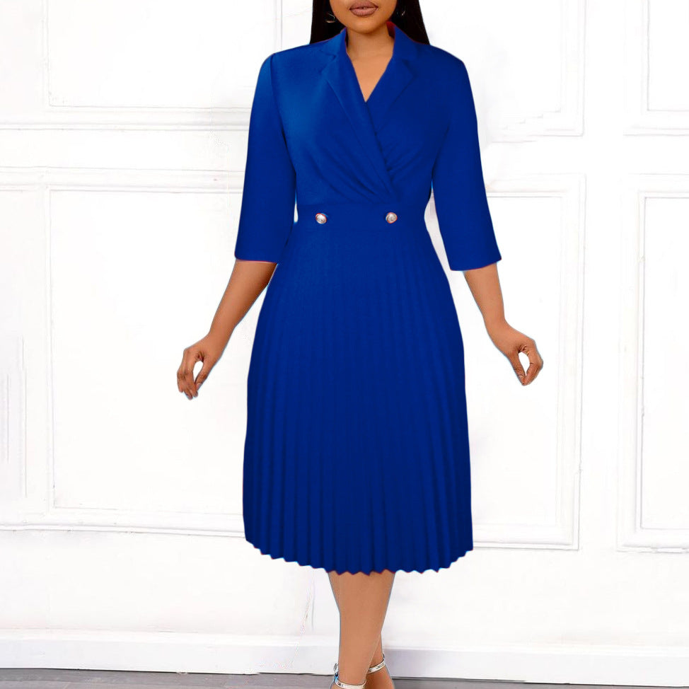 Damen elegantes Wickelkleid mit Plissee-Design und Bürokragen Stalluxe