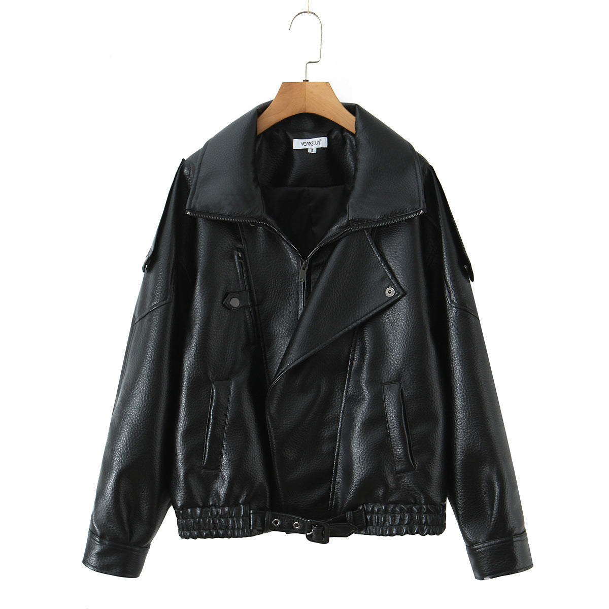 Damen Modische Kunstlederjacke mit erotischem Revers und elastischem Saum Stalluxe