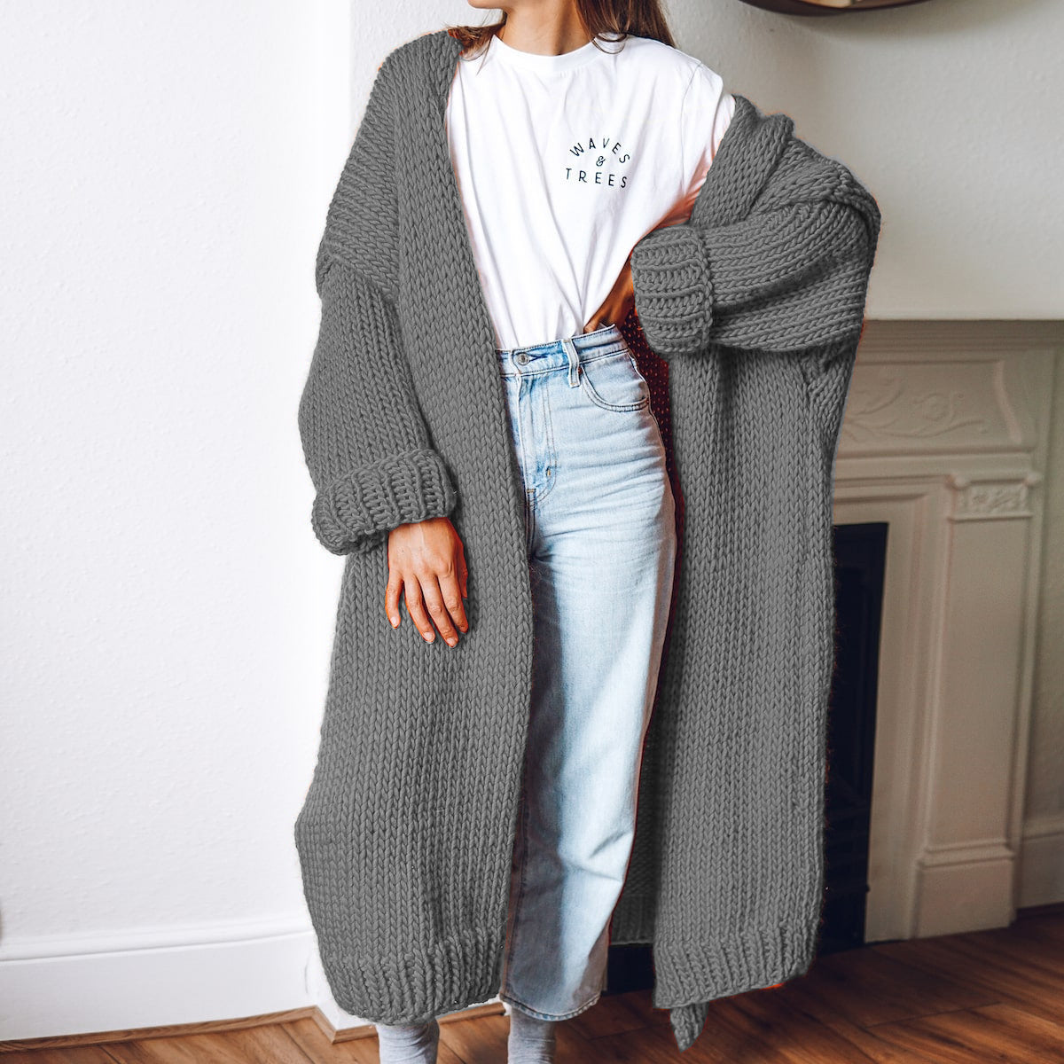 Damen Großer Strickmantel mit tiefen Taschen und voluminösen Ärmeln Stalluxe