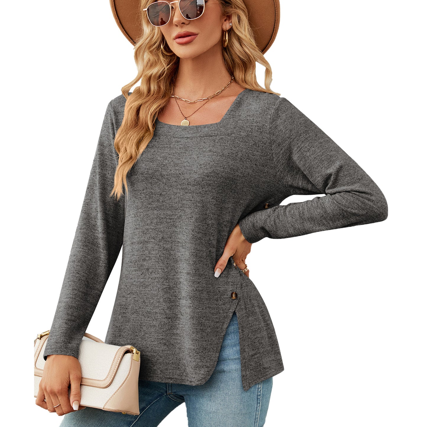 Damen lockerer Langarm-Top mit asymmetrischem Saum Stalluxe