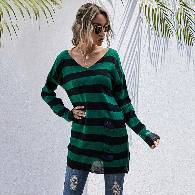 Damen gestreifter Oversized Pullover mit tiefem V-Ausschnitt und trendigen Cut-Outs Stalluxe