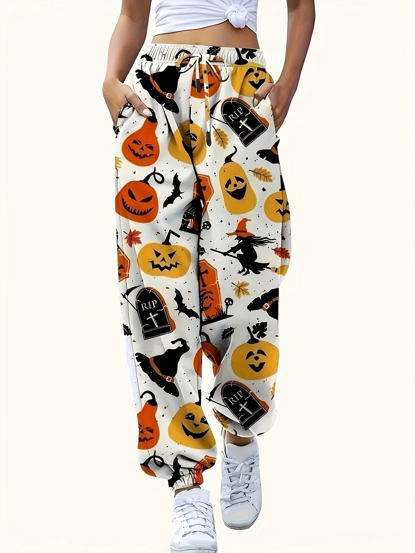 Damen Freizeithose mit buntem Halloween-Motiv und elastischem Bund Stalluxe
