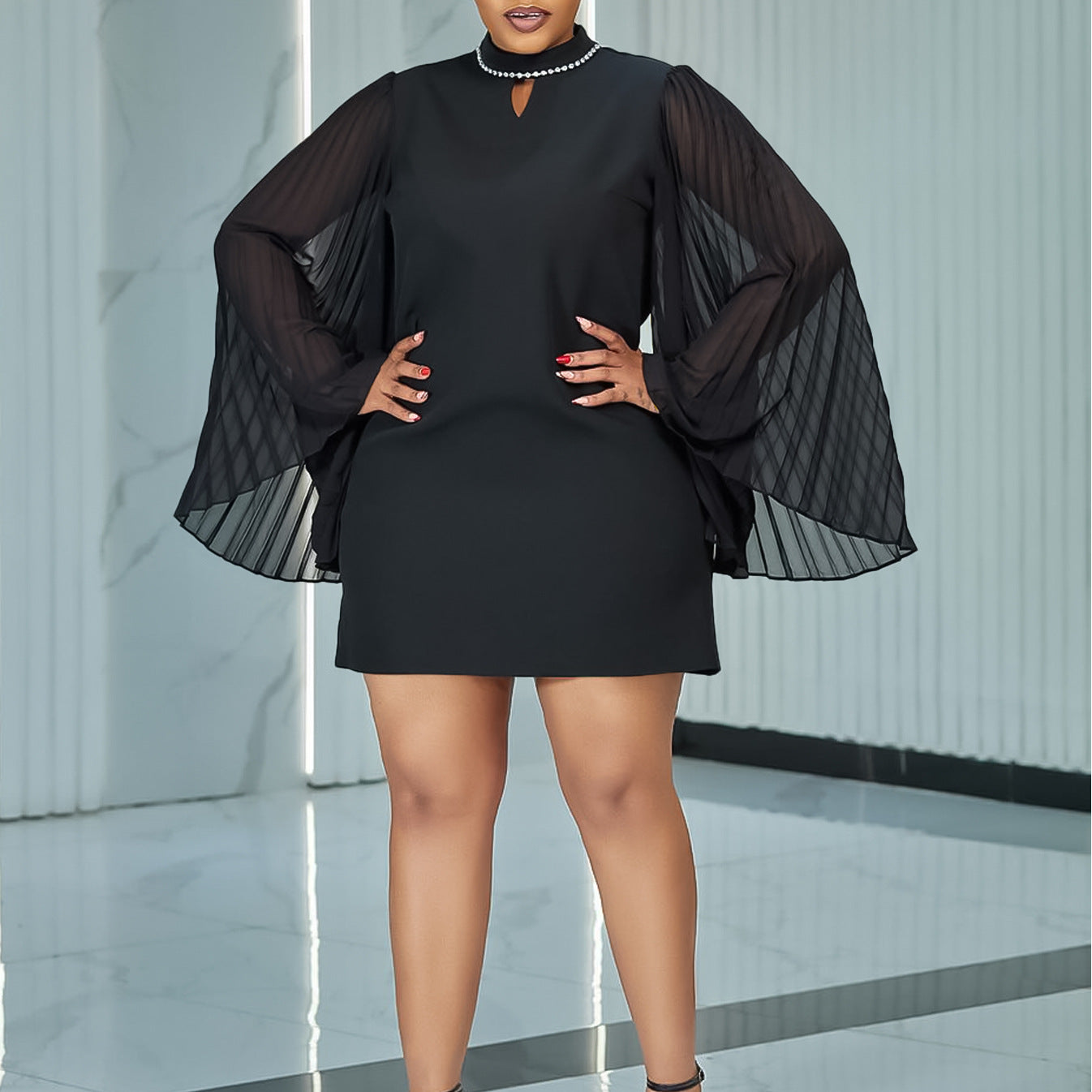 Damen Elegantes Kleid mit geschlitztem Kragen und plissierten Ärmeln Stalluxe