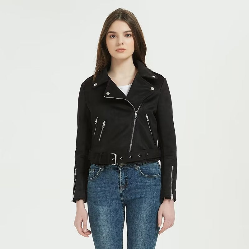 Damen stylische Bikerjacke im eleganten Wildleder-Look mit praktischen Taschen Stalluxe
