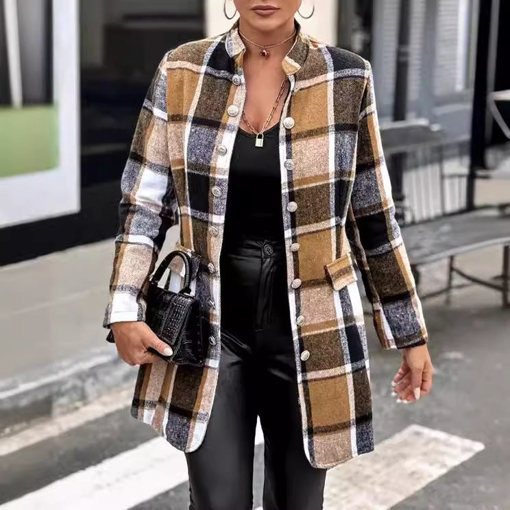 Damen Karo-Blazerjacke mit Knopfleiste und Taschen Stalluxe