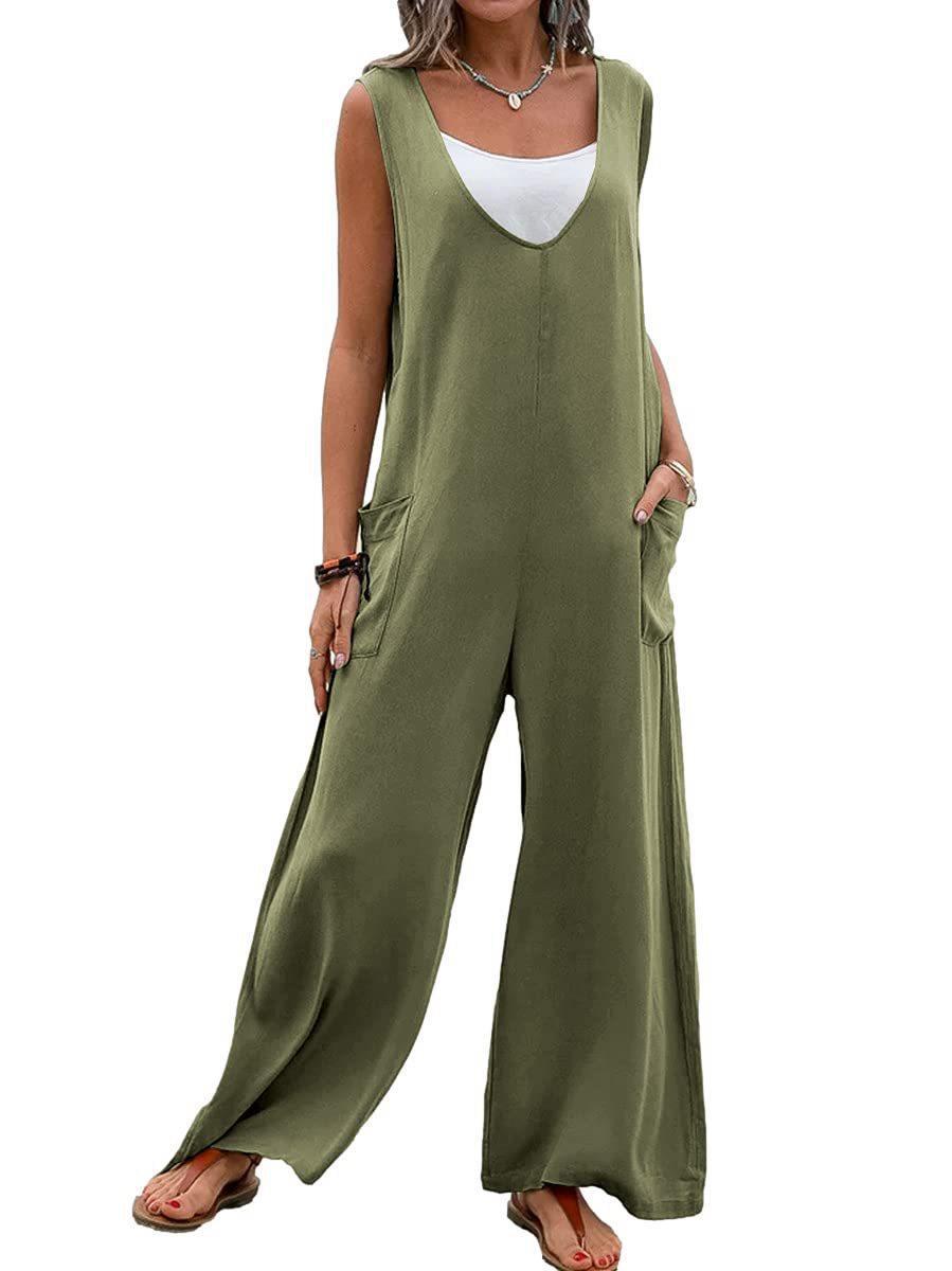 Damen Lässiger Jumpsuit mit tiefem V-Ausschnitt und praktischen Taschen Stalluxe