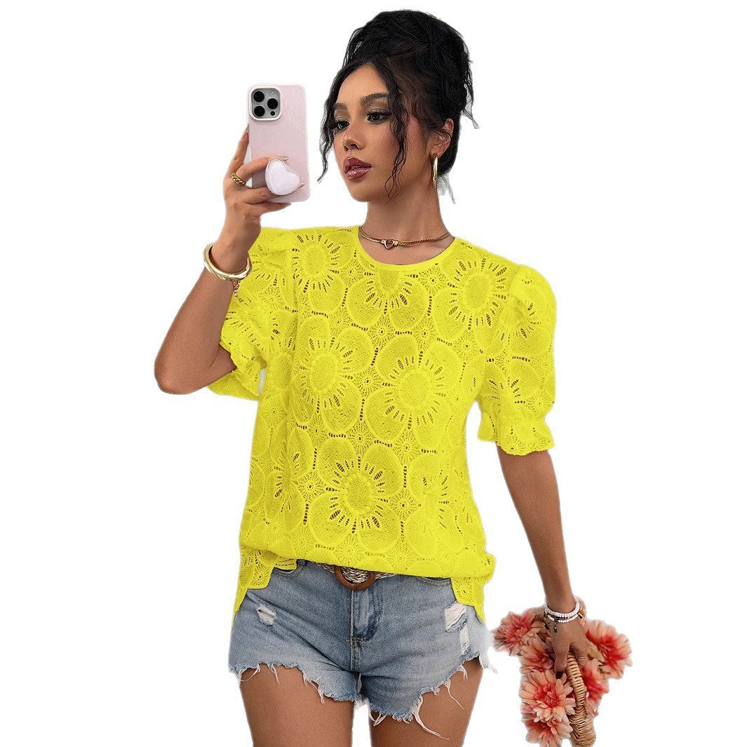 Damen Spitzenbluse mit Blumenspitze und elastischen Puffärmeln Stalluxe