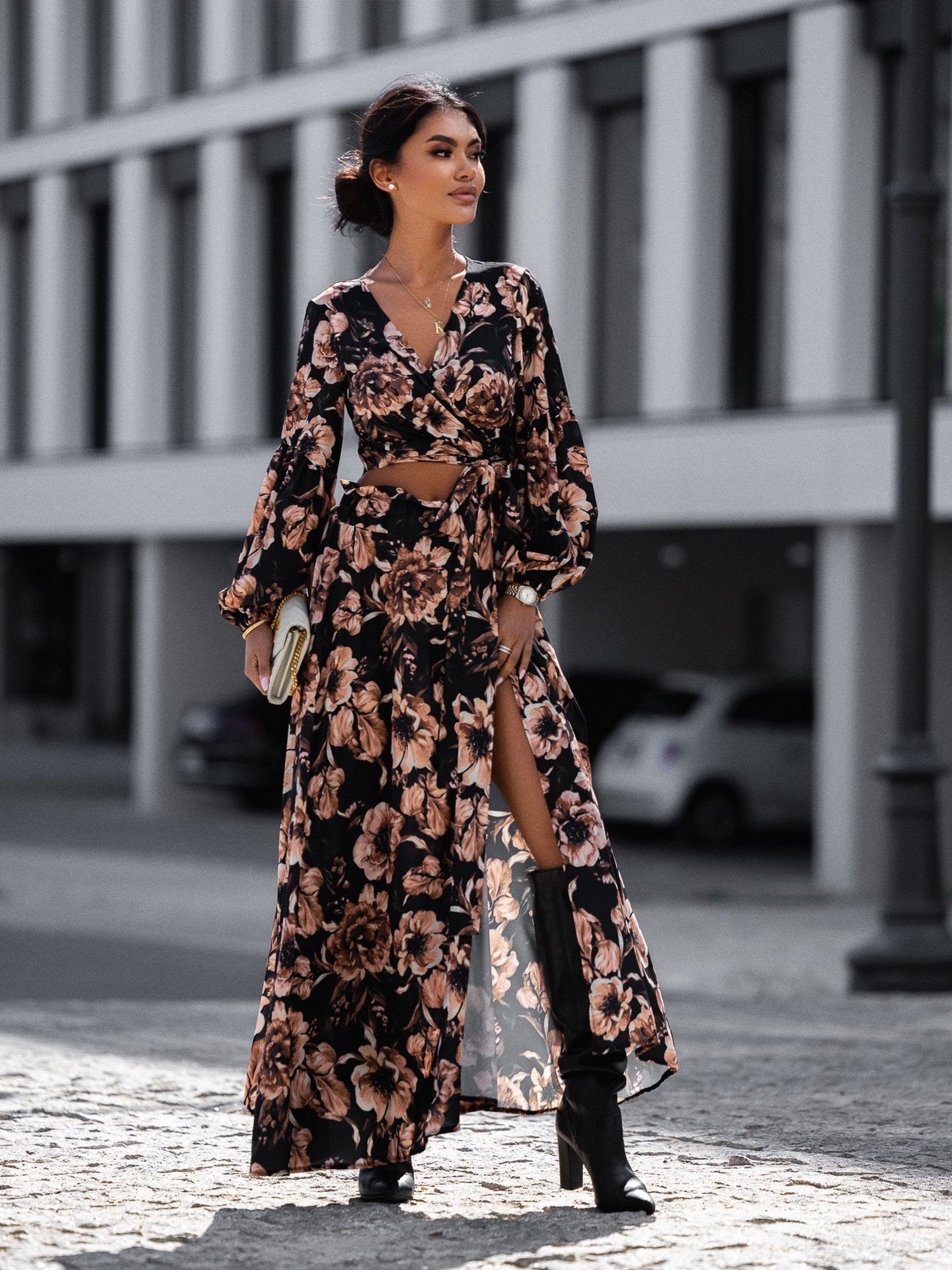 Damen Maxikleid im Leopardenmuster mit Wickeldesign und voluminösen Ärmeln Stalluxe
