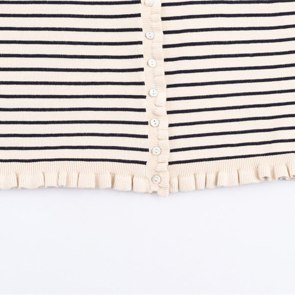 Damen modische gestreifte Strickjacke mit Rüschensaum und Knopfdetails Stalluxe
