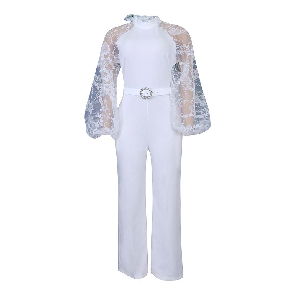 Damen Eleganter Jumpsuit mit transparenter Spitze und Gürtel Stalluxe
