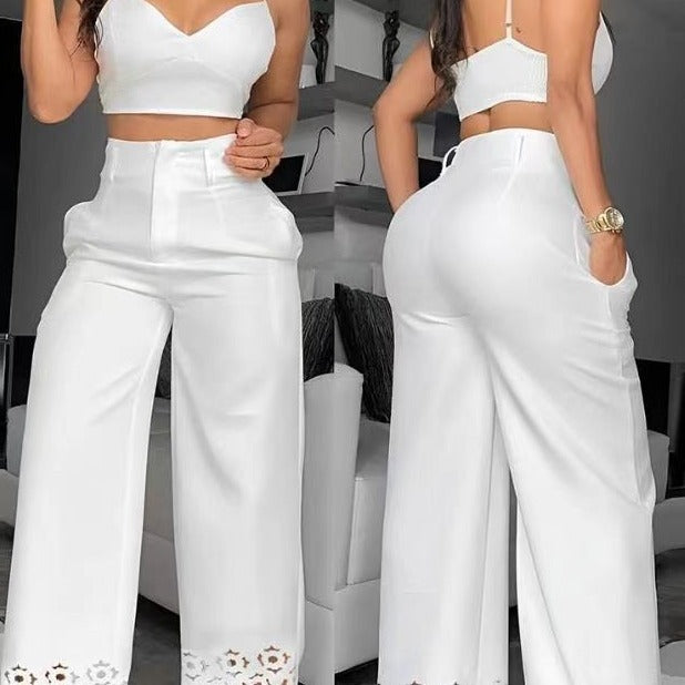 Damen Zweiteiliges Set aus Crop-Top und weiter Hose mit Spitzenbordüre Stalluxe
