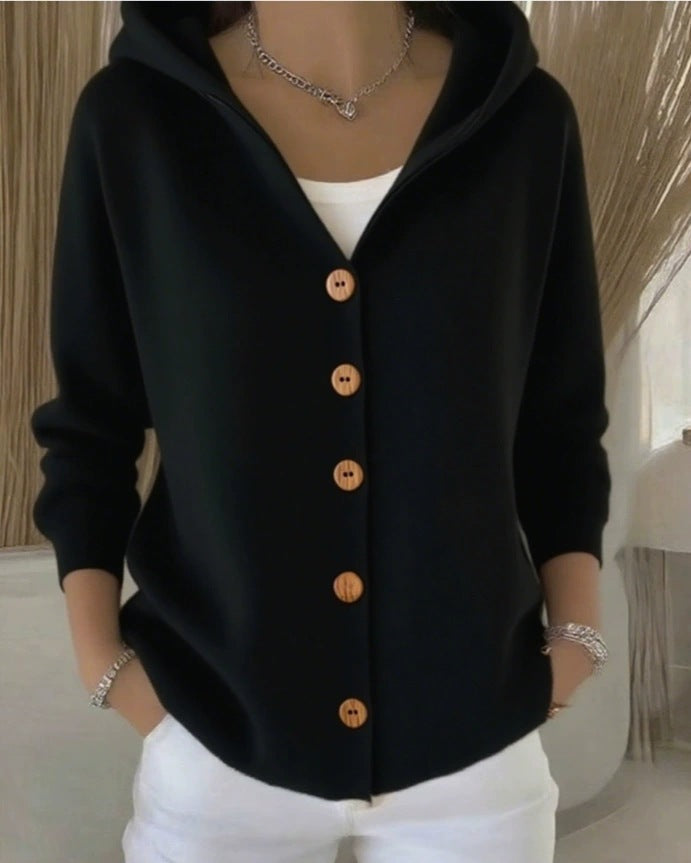 Damen lässige Strickjacke mit Kapuze und Knopfverschluss Stalluxe