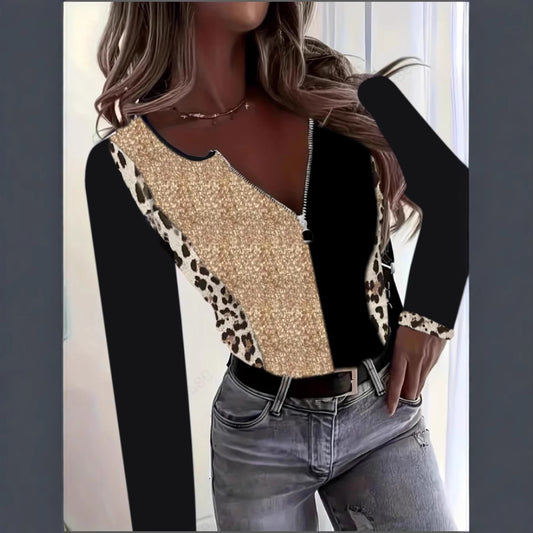 Damen Glitzerndes Oberteil mit Reißverschluss und Animal-Print Stalluxe