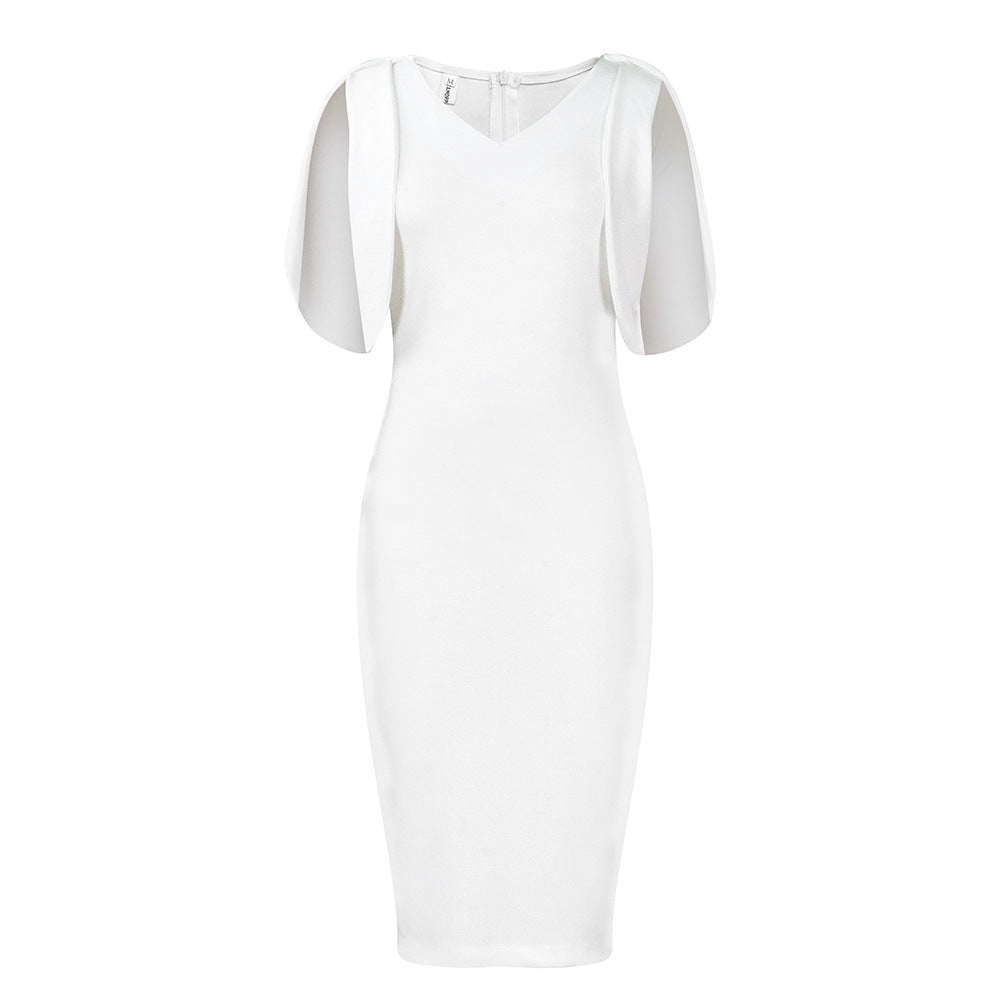 Damen figurbetontes Kleid mit transparenten Puffärmeln und V-Ausschnitt Stalluxe