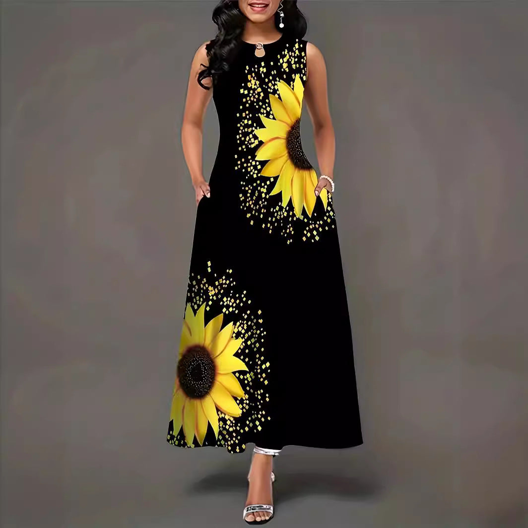 Damen Maxikleid mit buntem Sonnenblumenmotiv und praktischen Taschen Stalluxe