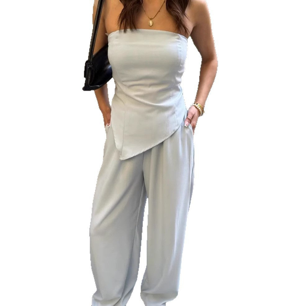 Damen eleganter Jumpsuit mit Schulterfreier Schnittführung und fließendem Material Stalluxe