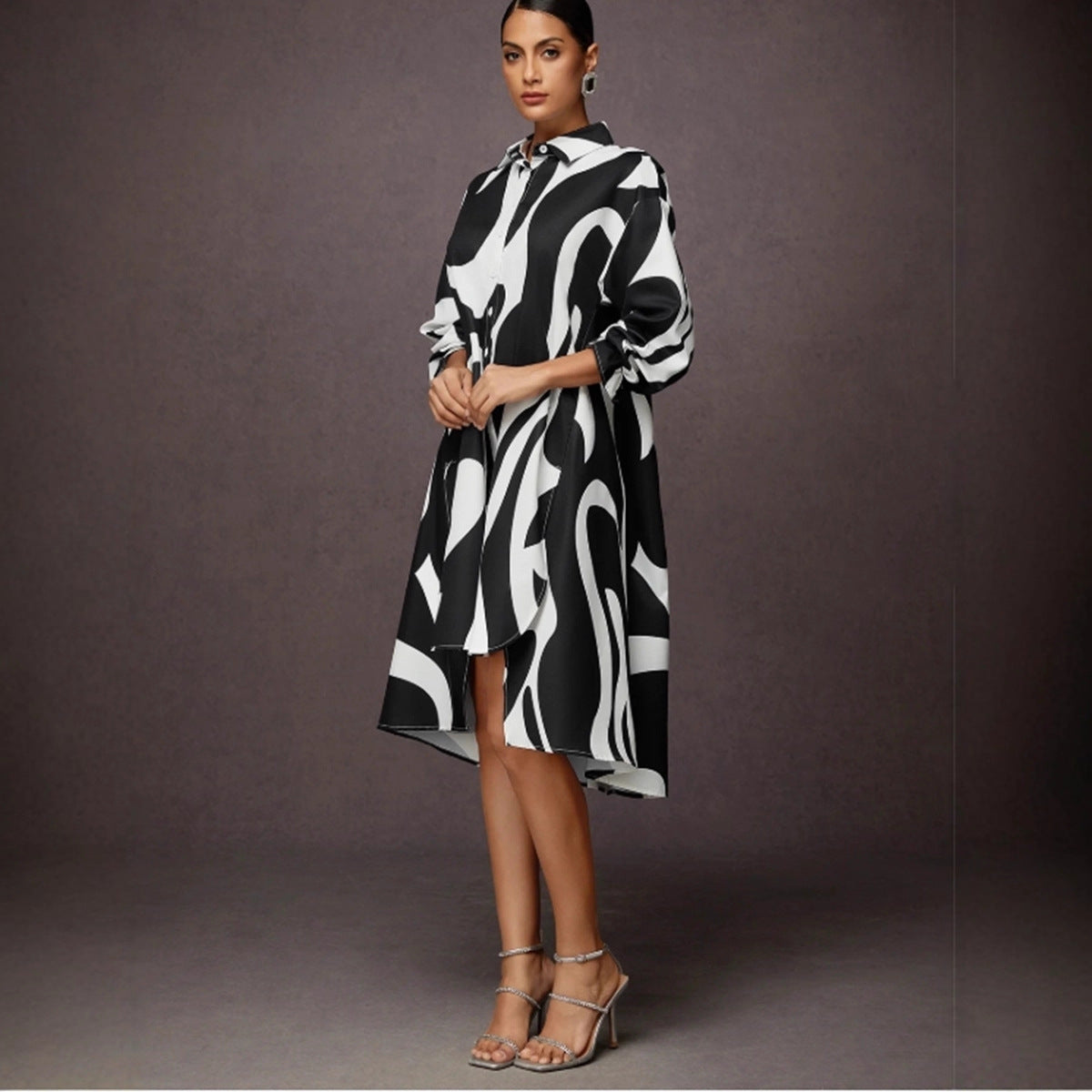 Damen Hemdblusenkleid mit modernem Grafikdruck und asymmetrischem Schnitt Stalluxe