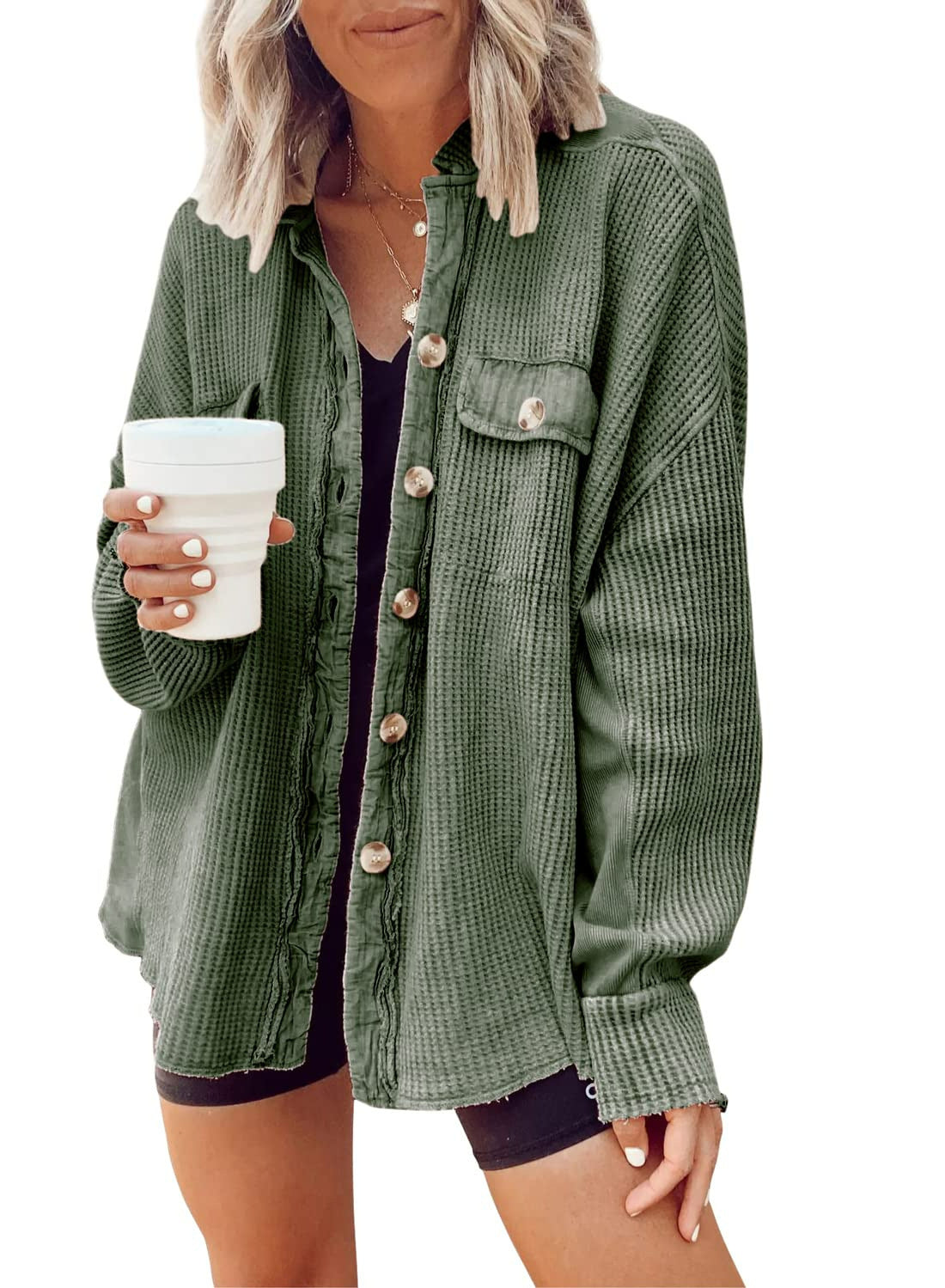 Damen Oversized Waffle-Shirtjacke mit Knopfleiste und praktischen Taschen Stalluxe