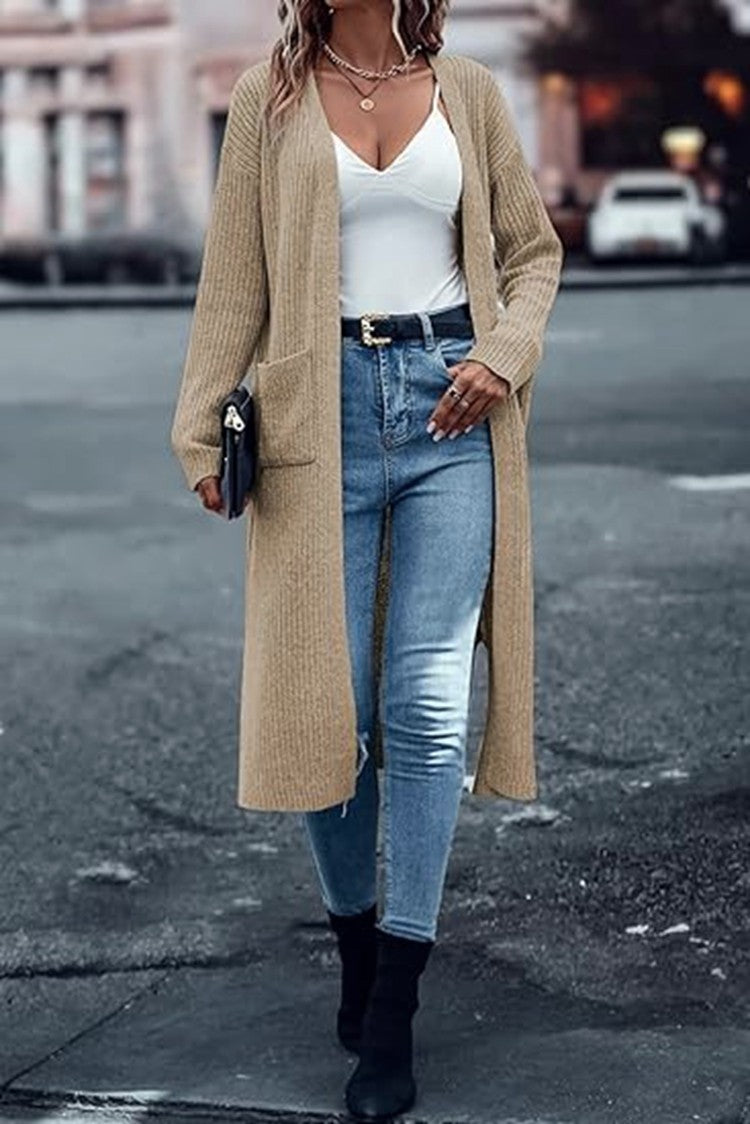 Damen Langer Strickcardigan mit tiefen Taschen und offenem Schnitt Stalluxe