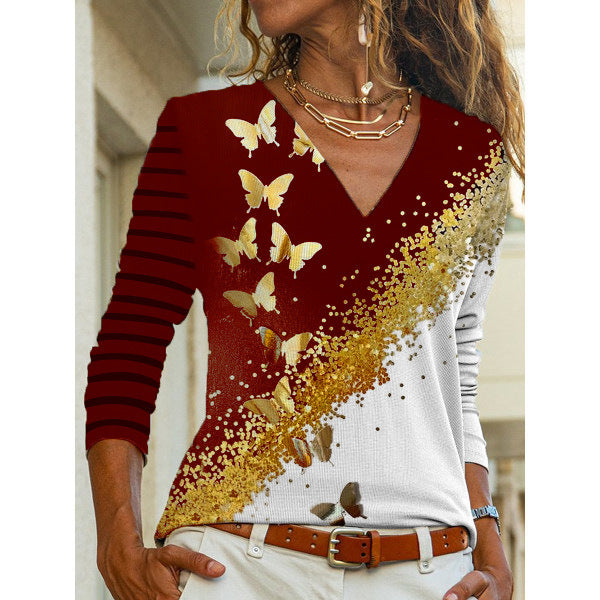 Women's V-Neck Floral Print Long Sleeve Top Stalluxe
