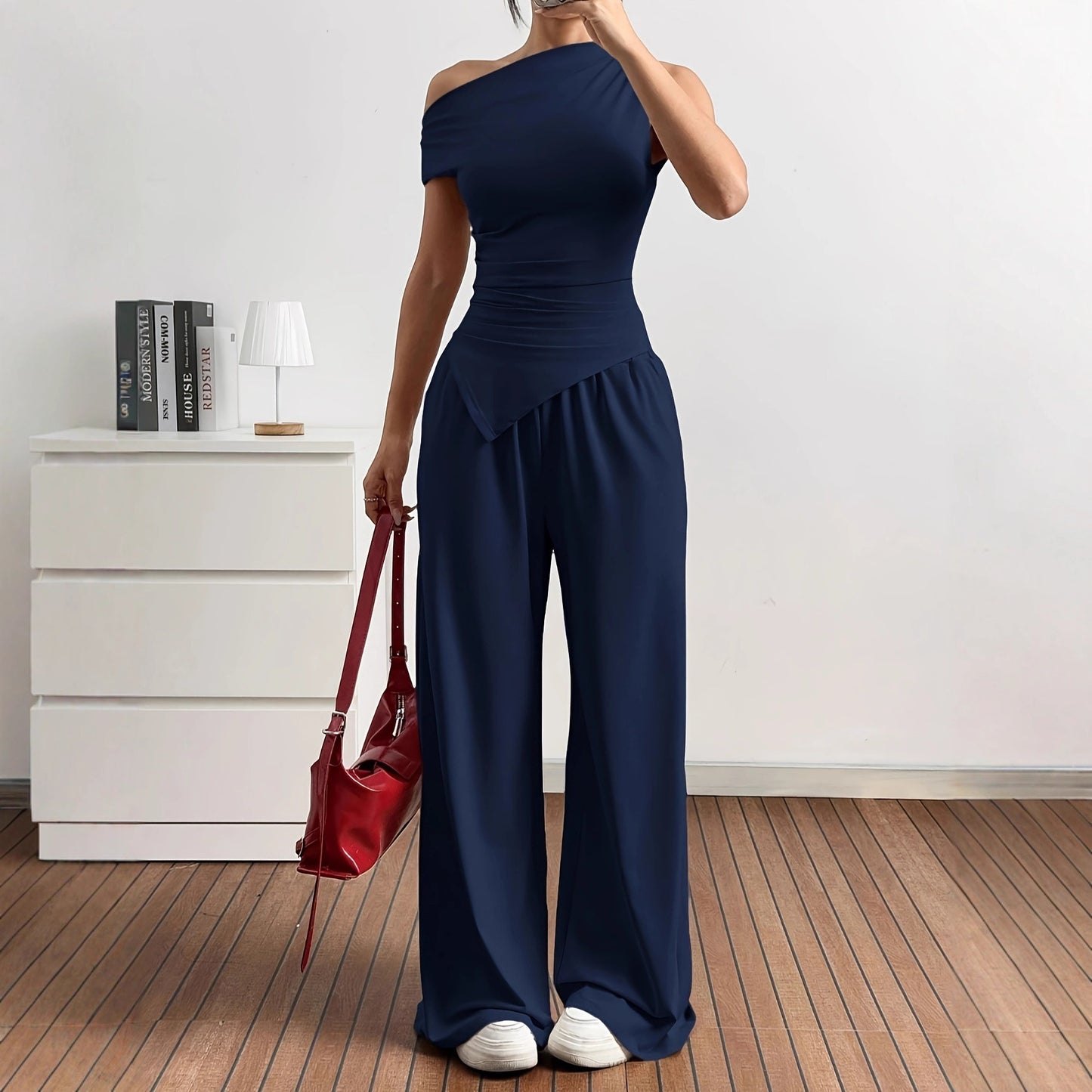Damen Elegante Jumpsuit-Kombination mit asymmetrischem Oberteil und weitem Bein Stalluxe