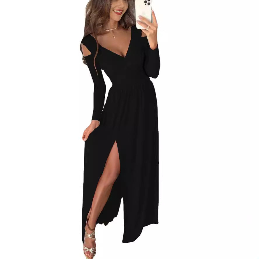 Damen elegantes Maxikleid mit tiefem V-Ausschnitt und schickem Schlitzdesign Stalluxe