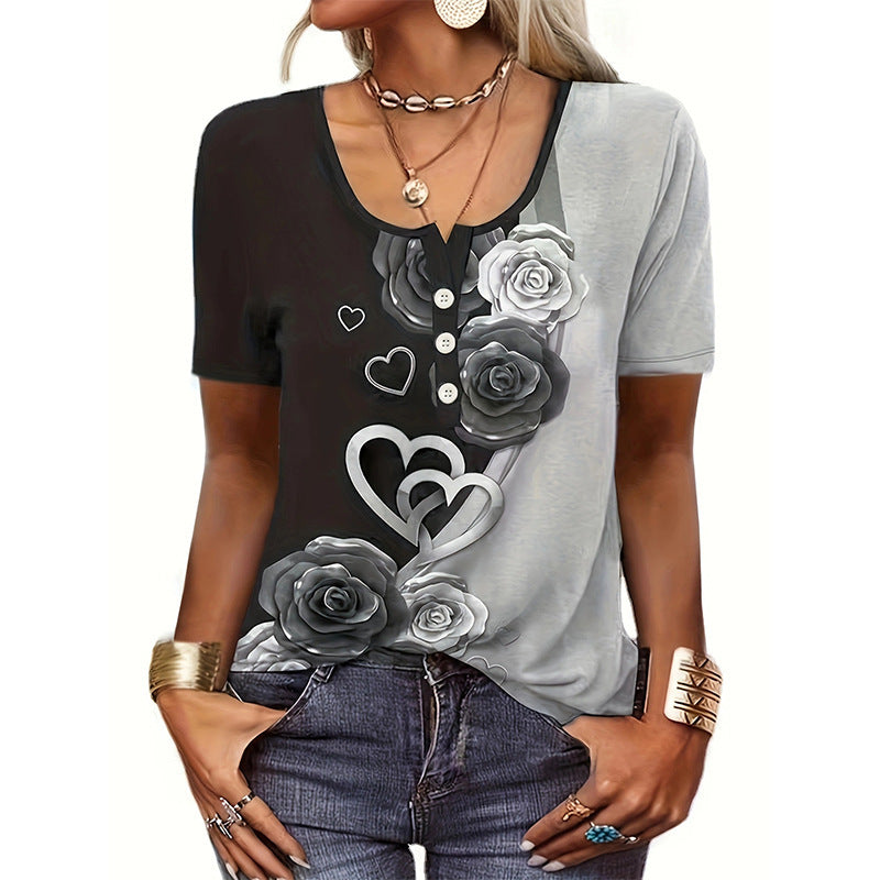 Damen Kurzarmshirt mit floralem Herzdesign und Knopfleiste Stalluxe