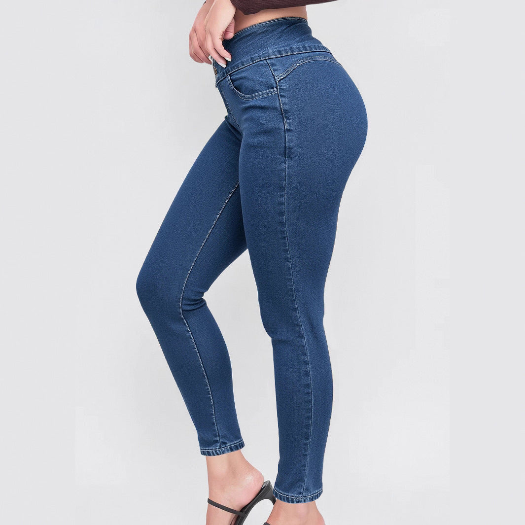 Damen Hochgeschnittene Skinny Jeans mit modischen Knopfdetails Stalluxe