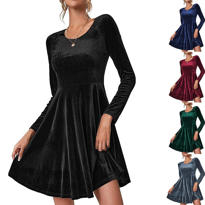 Damen Elegantes Samtkleid mit geschwungenem Saum und langen Ärmeln Stalluxe